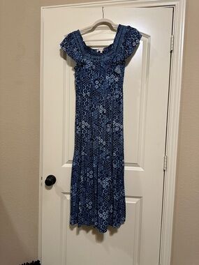 Smocked Neck Navy Patterned Maxi Dress